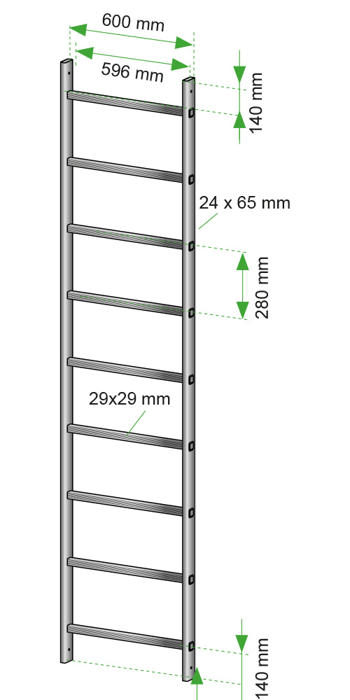 Escalera de crinolina metálica para acceso seguro en instalaciones industriales.