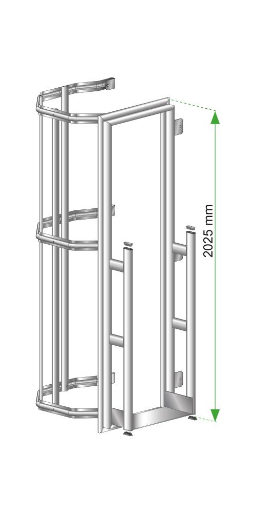 Escalera de crinolina metálica para acceso seguro en instalaciones industriales.