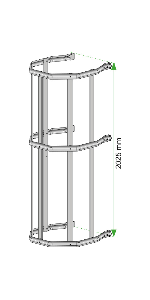 Escalera de crinolina metálica para acceso seguro en instalaciones industriales.