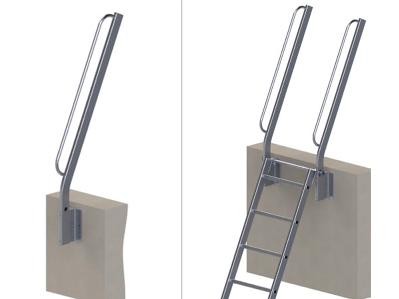 Asidero de salida metálico para escaleras fijas o accesos industriales.