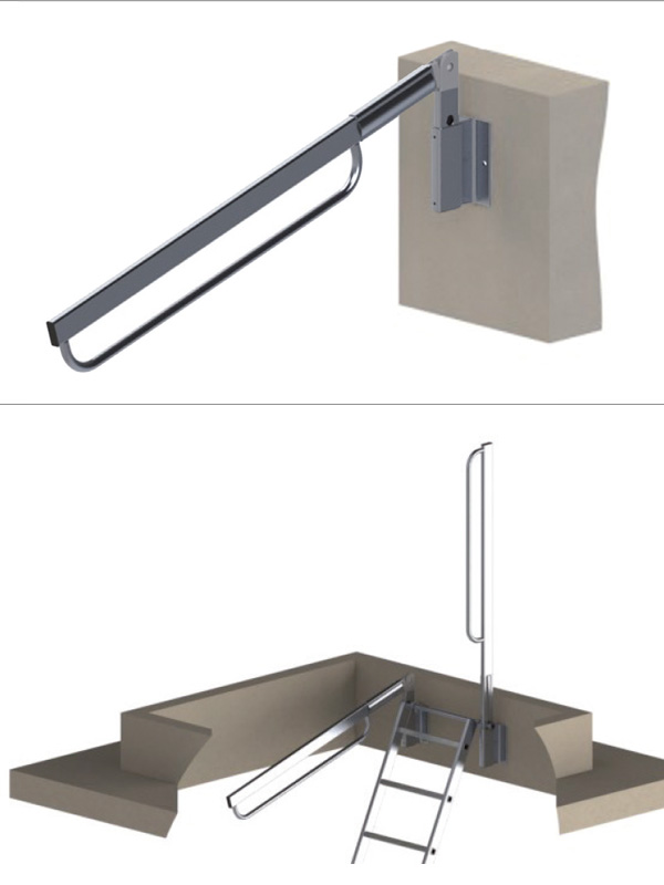 Asidero de salida metálico para escaleras fijas o accesos industriales.